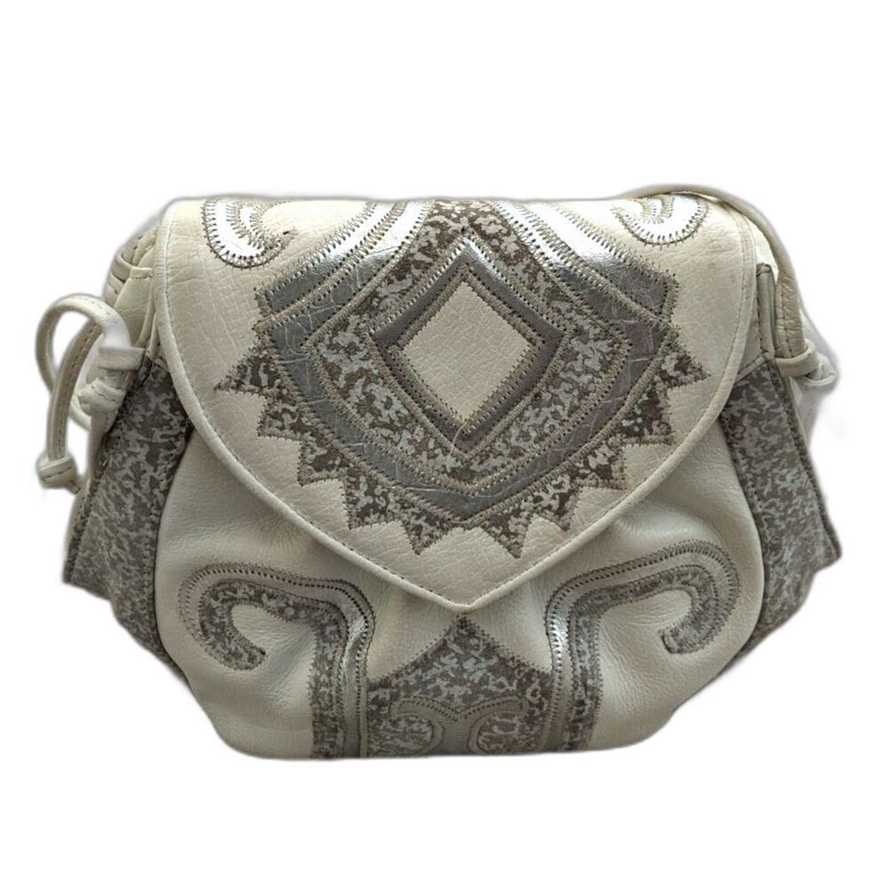 Vtg 80s VIVA OF CALIFORNIA Textured Metallic Silver & White Leather Shoulder Bag